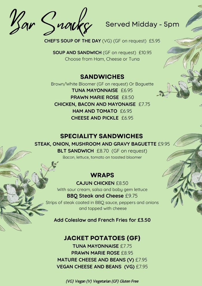 Lancashire Manor Hotel Restaurant Bar Snacks Menu