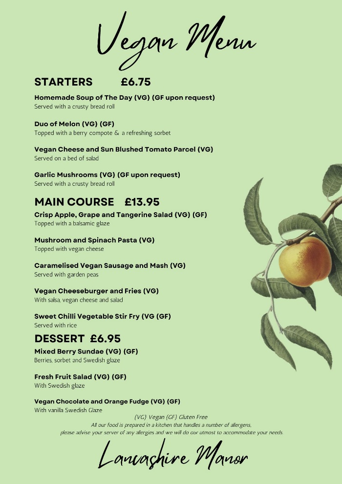 Lancashire Manor Hotel Restaurant Vegan Menu