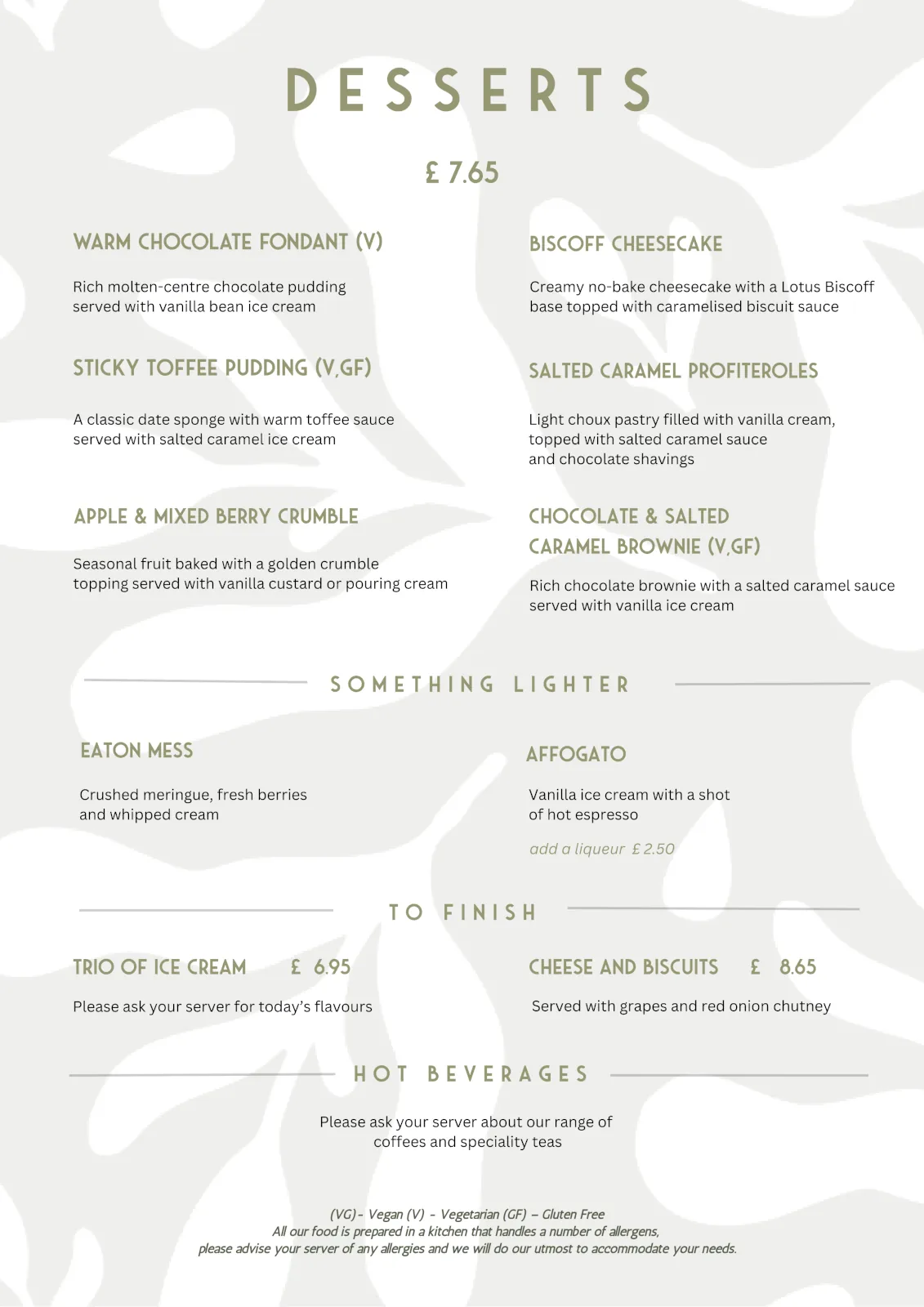 Desserts menu