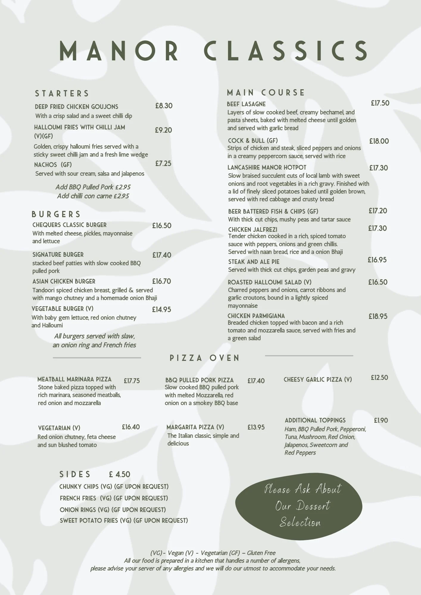 Lancashire Manor Classics Menu