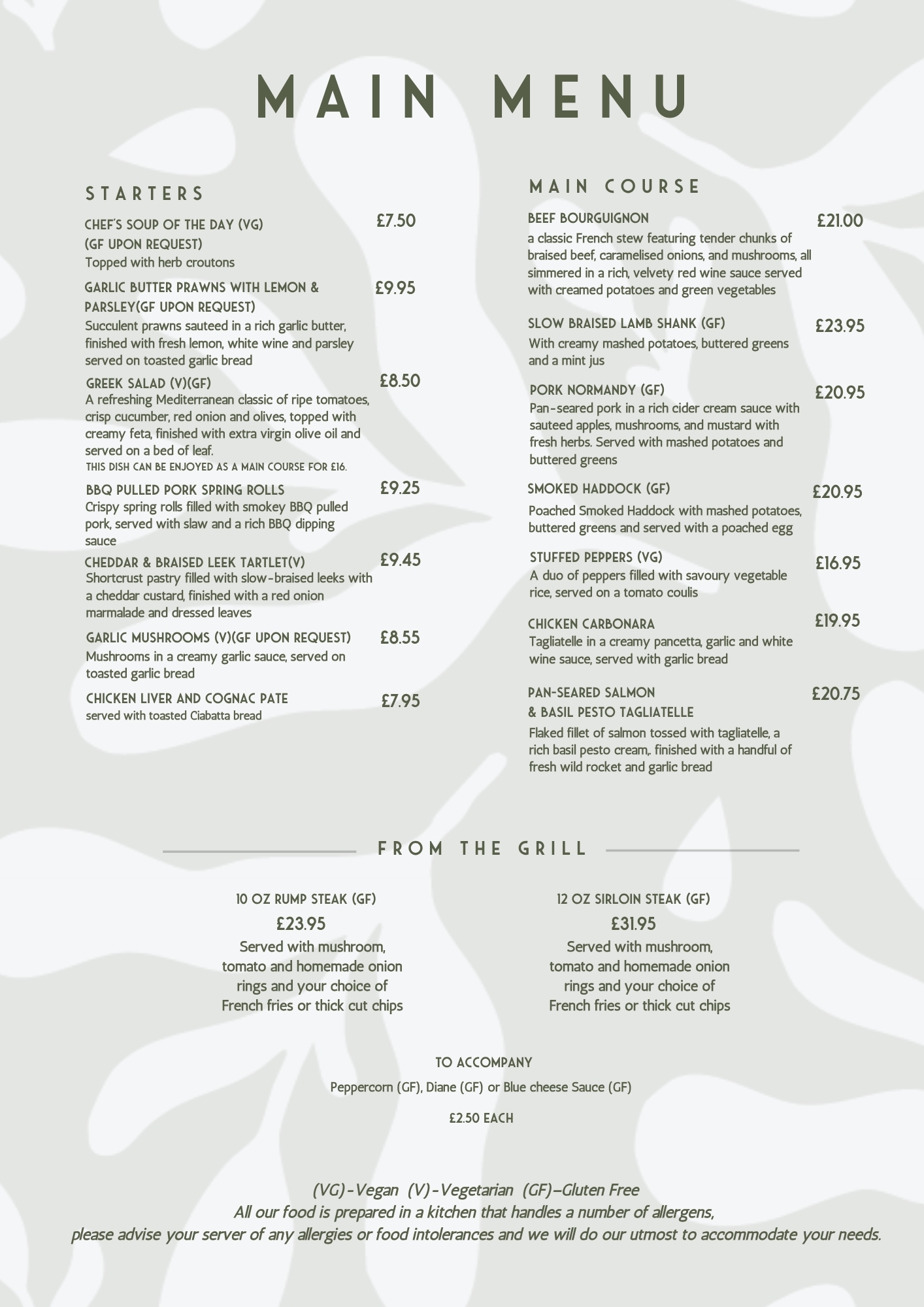 Lancashire Manor Hotel Restaurant menu