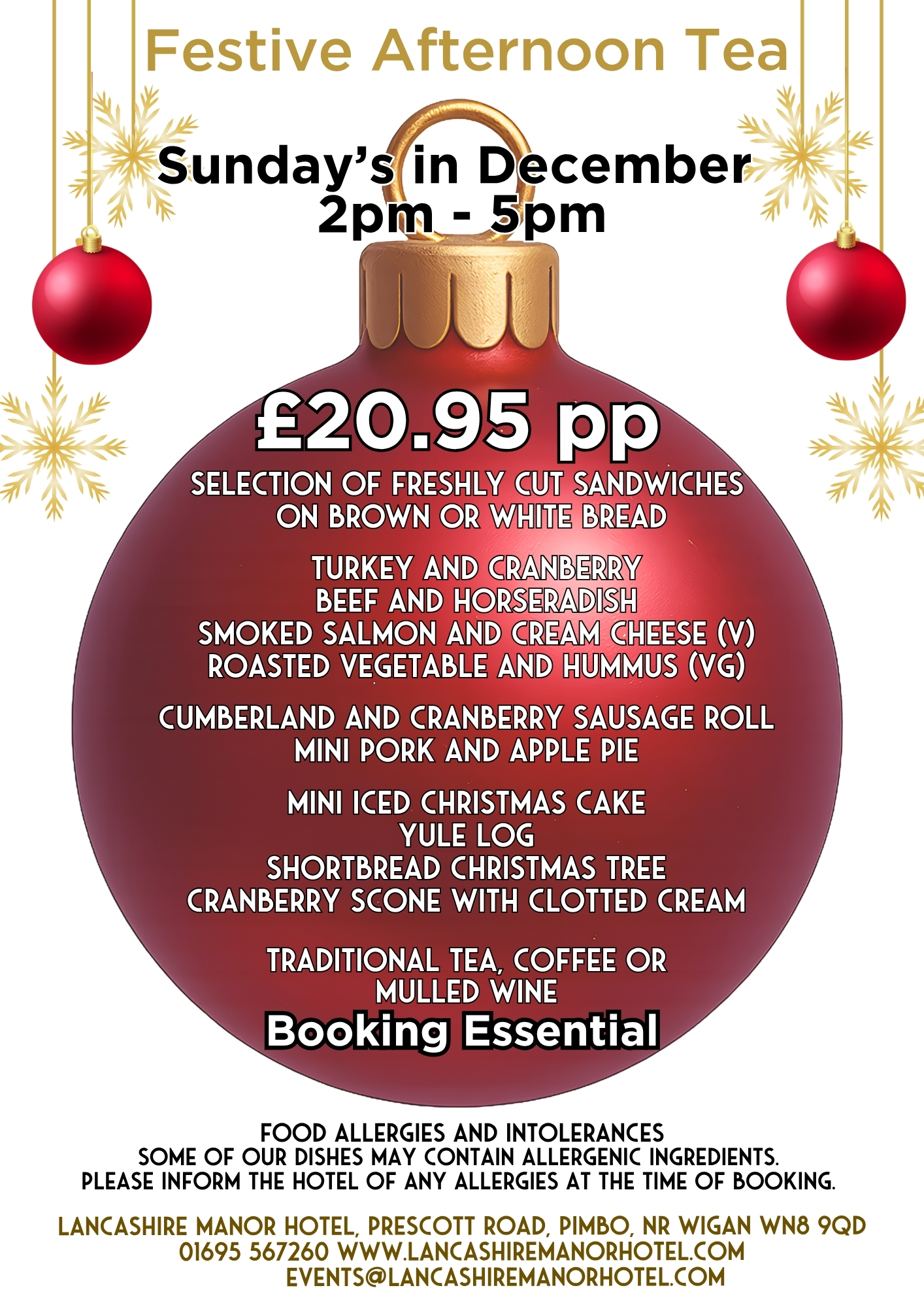 Festive Afternoon Tea available Sundays in December 2pm -5pm £20.95pp